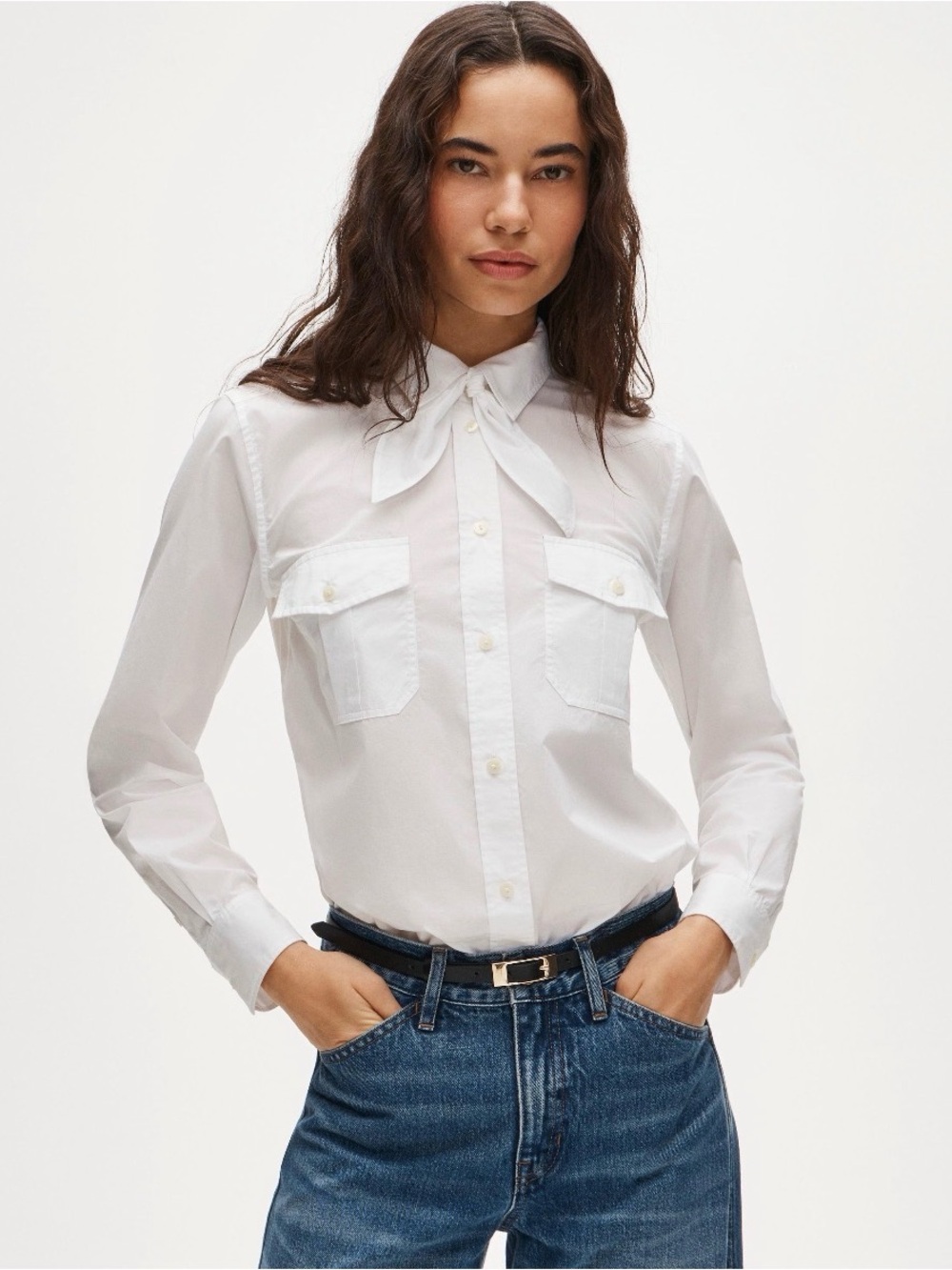 NWT J.Crew Jules Classic Fit Tie Neck Shirt White Cotton Poplin Size 4